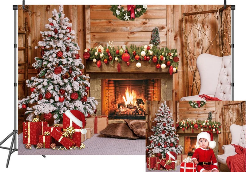 LTLYH 7x5ft Christmas Fireplace Backdrop with Tree and Gifts â€“ Rustic Winter Holiday Background for Photography, Xmas Party Decoration, Indoor Cozy Scene Banner 111 - Image 1